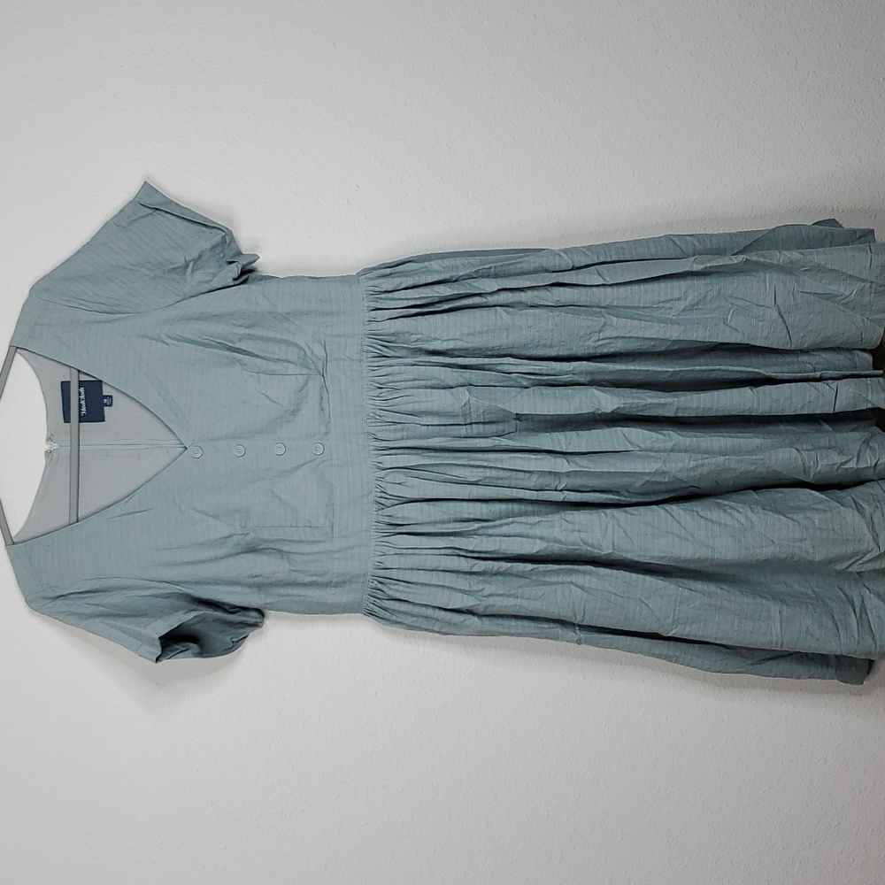 Modcloth Dress Fit And Flare Short Sleeve V Neck Textured Lined Blue Womens 16